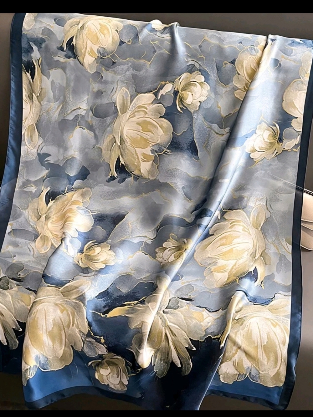 Floral Satin Scarf in Blue and Cream